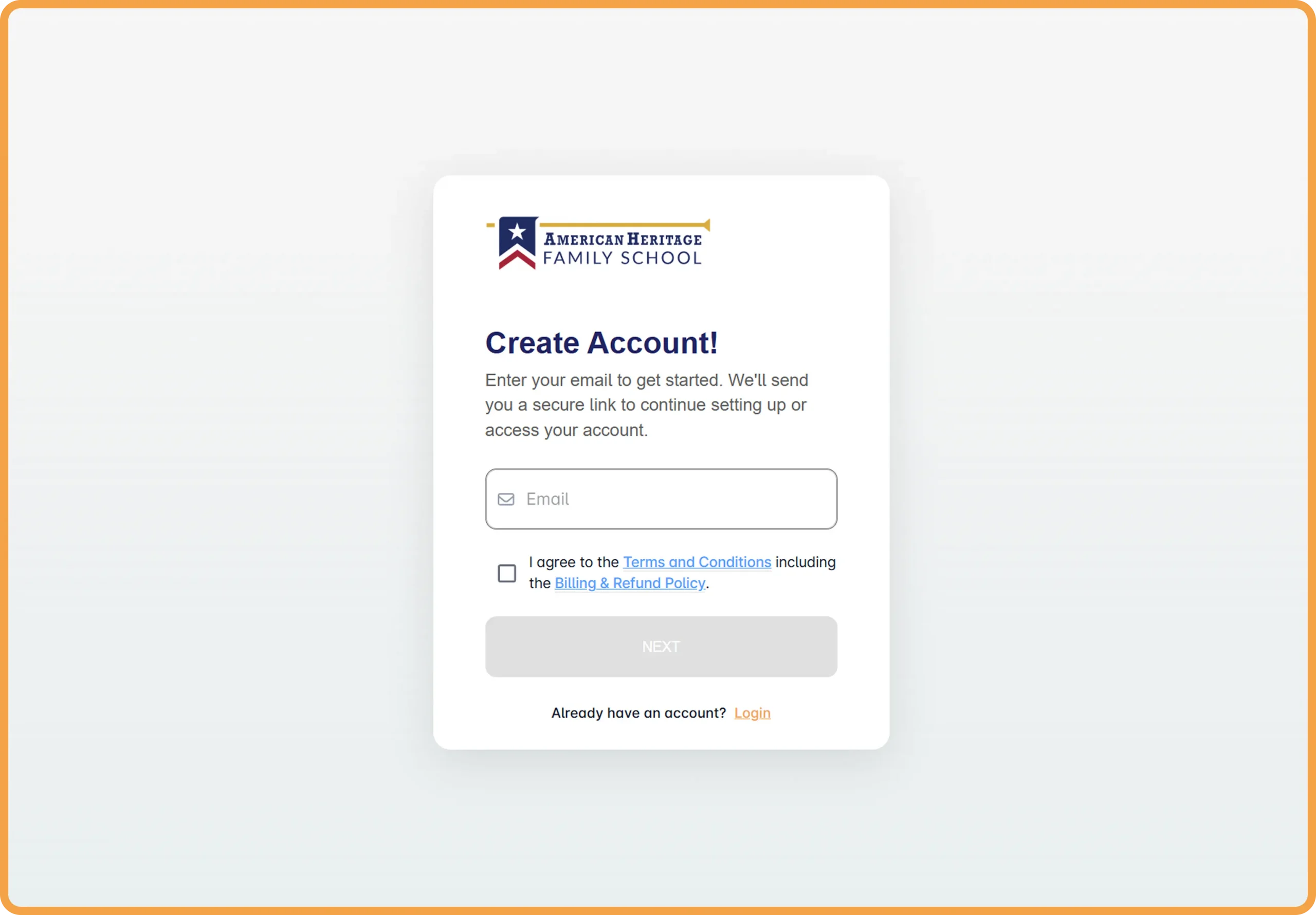 Create account enrollment portal screenshot